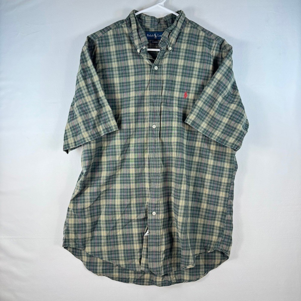Ralph Lauren Mens Large Classic Fit Plaid Cotton Short Sleeve Button Down Shirt